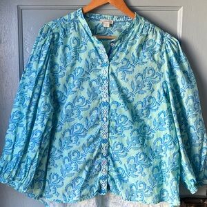 Sundance Blue Floral Button-Front Cotton Blouse